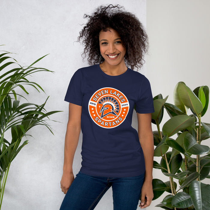 Woman wearing Seven Lakes High School Spartans Navy Blue Premium Unisex T-shirt 239
