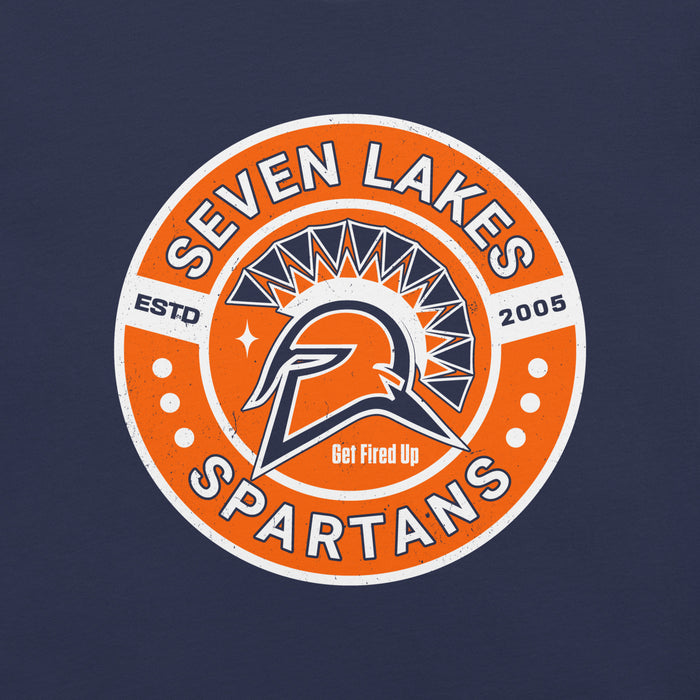 Close-up view of Seven Lakes High School Spartans Navy Blue Premium Unisex T-shirt 239