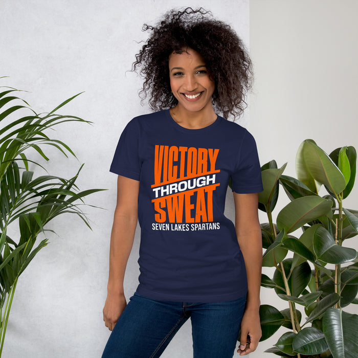 Woman wearing Seven Lakes High School Spartans Navy Blue Premium Unisex T-shirt 241