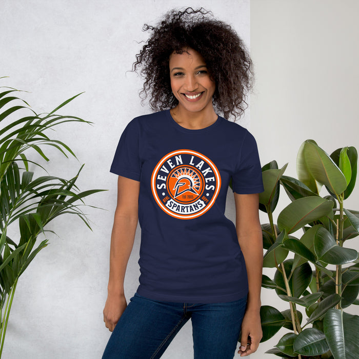 Woman wearing Seven Lakes High School Spartans Navy Blue Premium Unisex T-shirt 220