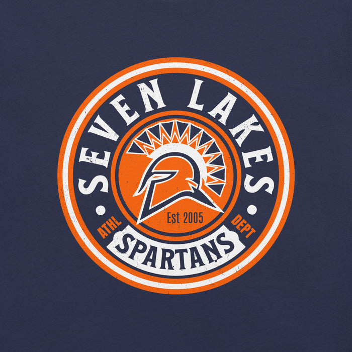 Close-up view of Seven Lakes High School Spartans Navy Blue Premium Unisex T-shirt 220