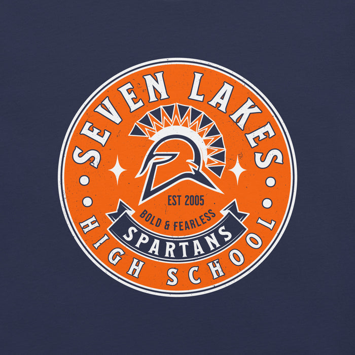 Close-up view of Seven Lakes High School Spartans Navy Blue Premium Unisex T-shirt 215
