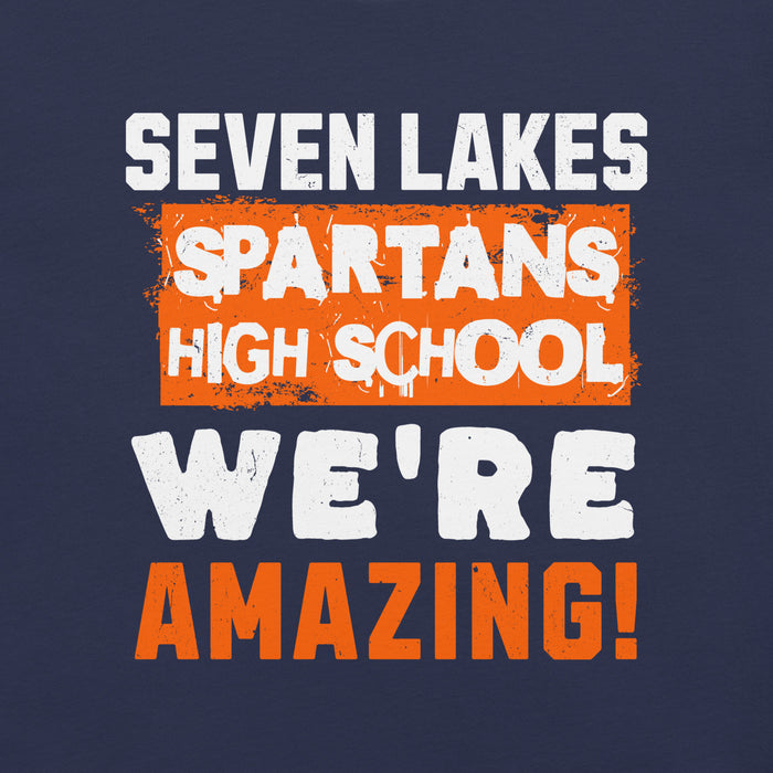 Close-up view of Seven Lakes High School Spartans Navy Blue Premium Unisex T-shirt 231