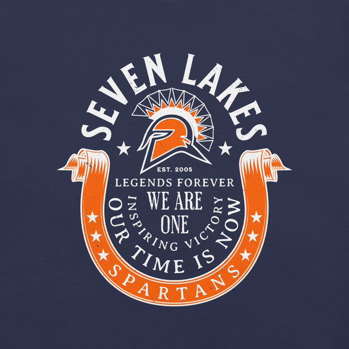 Close-up view of Seven Lakes High School Spartans Navy Blue Premium Unisex T-shirt 229