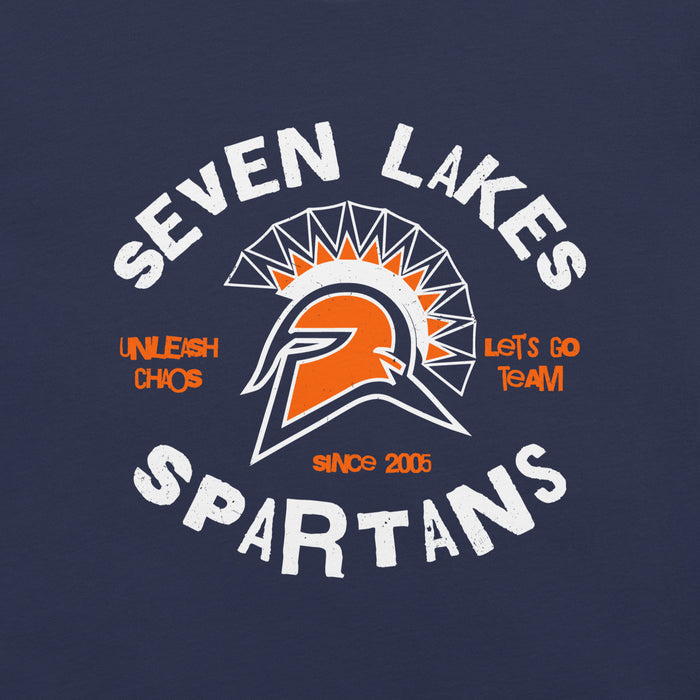 Close-up view of Seven Lakes High School Spartans Navy Blue Premium Unisex T-shirt 228