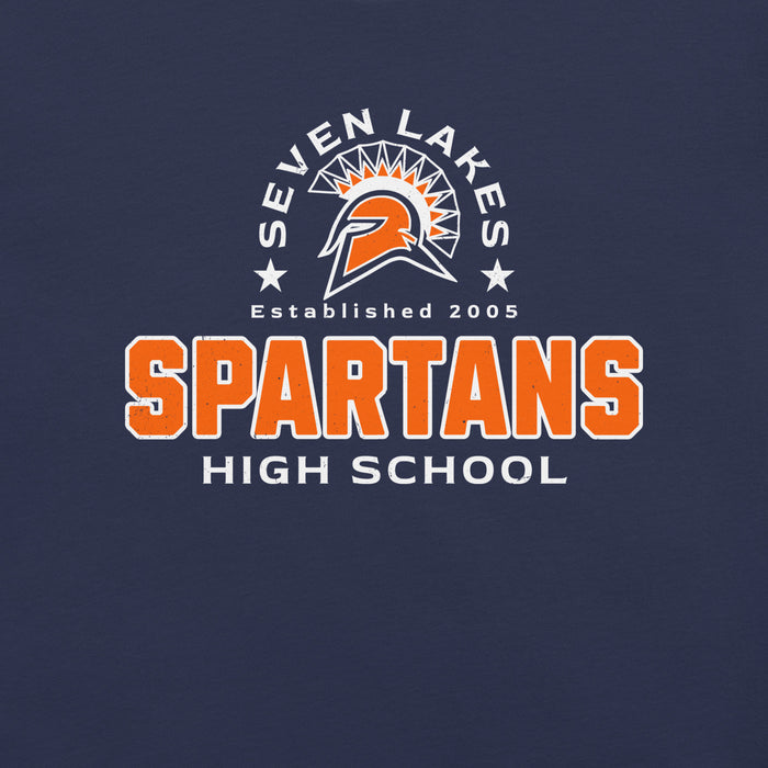 Close-up view of Seven Lakes High School Spartans Navy Blue Premium Unisex T-shirt 222