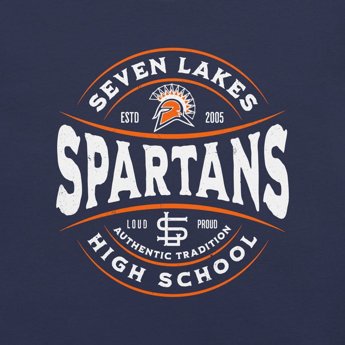 Close-up view of Seven Lakes High School Spartans Navy Blue Premium Unisex T-shirt 218