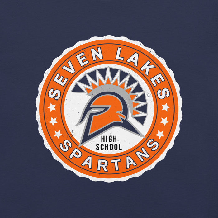 Close-up view of Seven Lakes High School Spartans Navy Blue Premium Unisex T-shirt 216