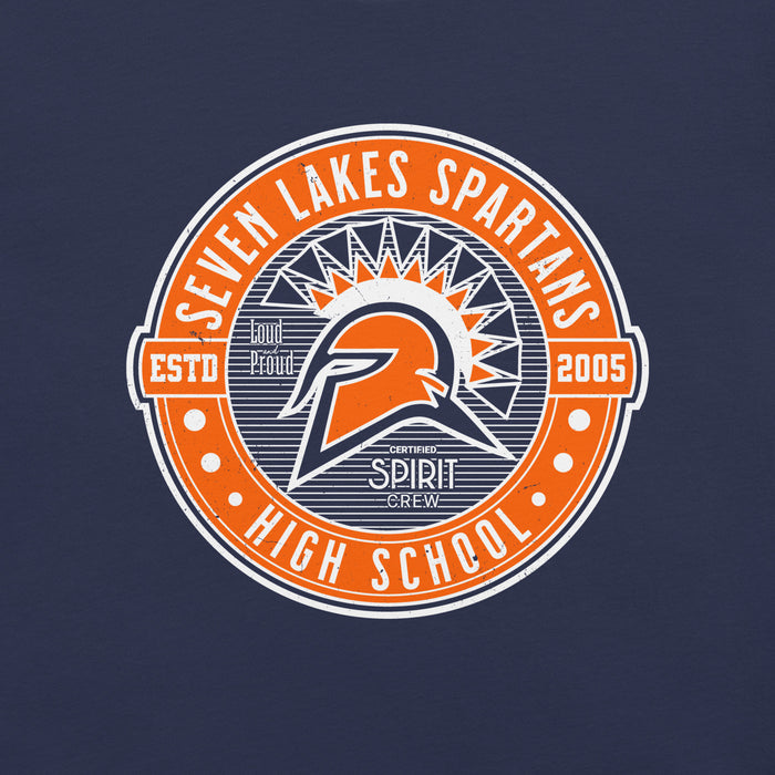 Close-up view of Seven Lakes High School Spartans Navy Blue Premium Unisex T-shirt 224