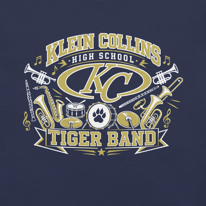 A navy blue graphic print featuring the text 'KLEIN COLLINS HIGH SCHOOL KC TIGER BAND' in Vegas gold and white, surrounded by musical instruments including trumpets, saxophones, a drum, and a tiger paw print. Klein Collins High School Tiger Band Navy Blue Premium T-shirt 001