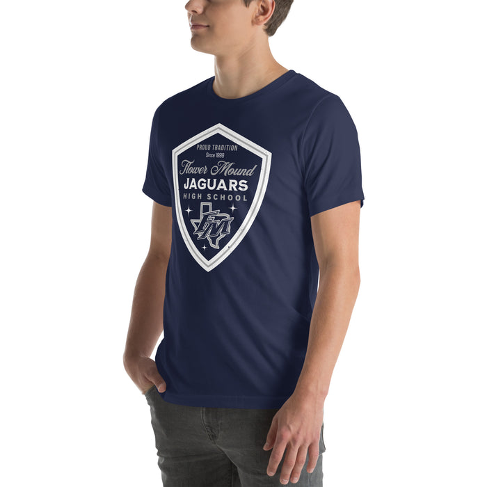 Man wearing Flower Mound High School Jaguars Navy Blue Premium T-shirt 225