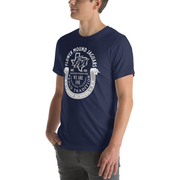 Man wearing Flower Mound High School Jaguars Navy Blue Premium T-shirt 229