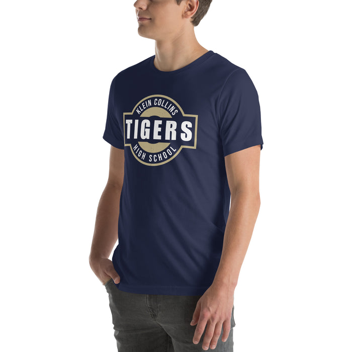 Man wearing Klein Collins High School Tigers Premium Navy Blue Unisex T-shirt 011