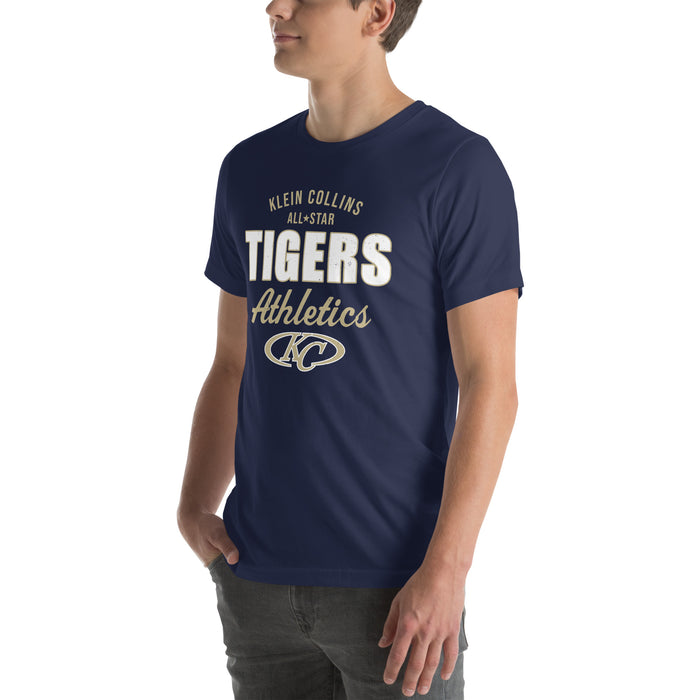 Man wearing Klein Collins High School Tigers Premium Navy Blue Unisex T-shirt 034