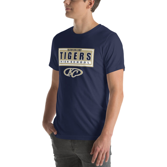 Man wearing Klein Collins High School Tigers Premium Navy Blue Unisex T-shirt 049