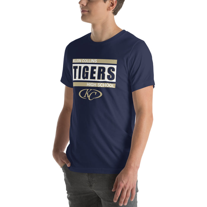 Man wearing Klein Collins High School Tigers Premium Navy Blue Unisex T-shirt 098