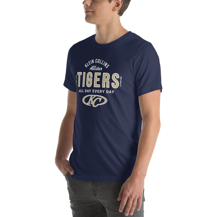 Man wearing Klein Collins High School Tigers Premium Navy Blue Unisex T-shirt 040