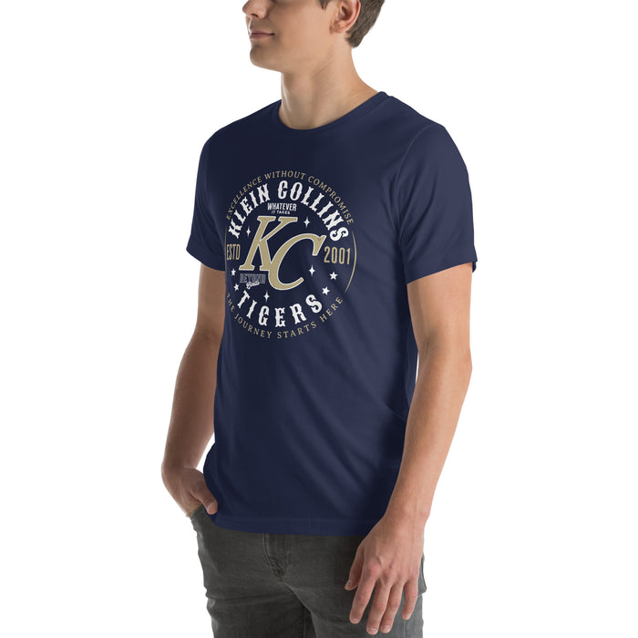 Man wearing Klein Collins High School Tigers Premium Navy Blue Unisex T-shirt 214