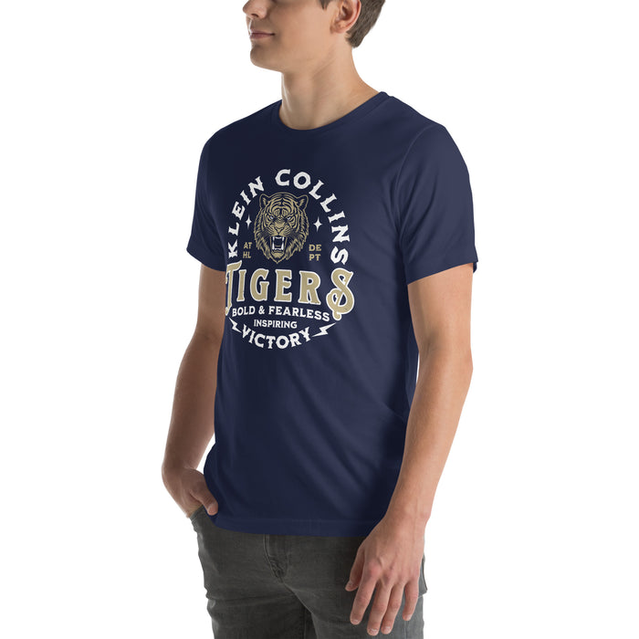 Man wearing Klein Collins High School Tigers Premium Navy Blue Unisex T-shirt 206