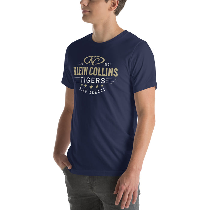 Man wearing Klein Collins High School Tigers Premium Navy Blue Unisex T-shirt 217