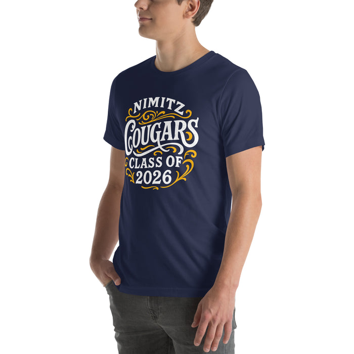 Man wearing Nimitz High School Cougars Navy Blue Premium Unisex T-shirt 254
