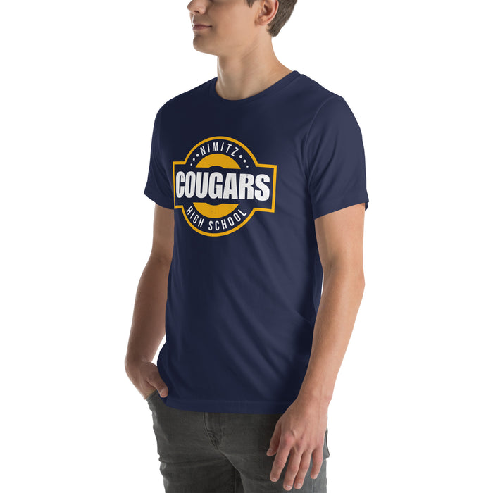 Man wearing Nimitz High School Cougars Navy Blue Premium Unisex T-shirt 011
