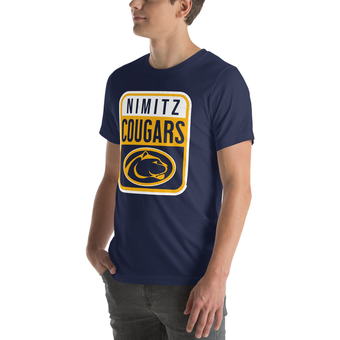 Man wearing Nimitz High School Cougars Navy Blue Premium Unisex T-shirt 001