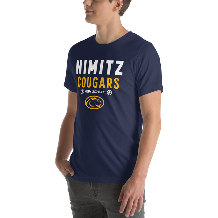 Man wearing Nimitz High School Cougars Navy Blue Premium Unisex T-shirt 003