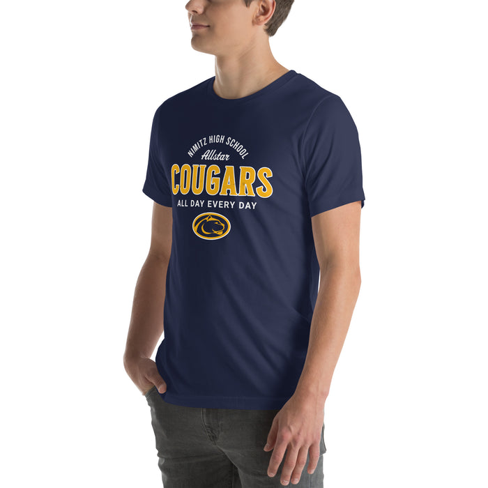 Man wearing Nimitz High School Cougars Navy Blue Premium Unisex T-shirt 040