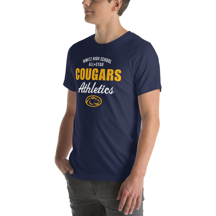 Man wearing Nimitz High School Cougars Navy Blue Premium Unisex T-shirt 034