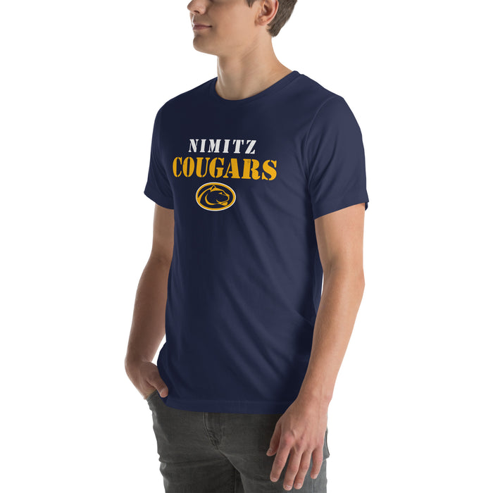 Man wearing Nimitz High School Cougars Navy Blue Premium Unisex T-shirt 017