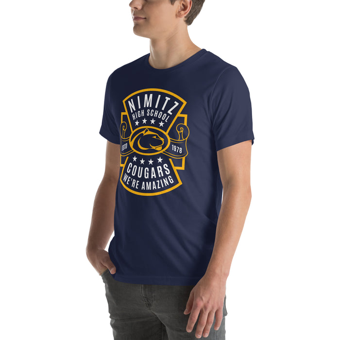 Man wearing Nimitz High School Cougars Navy Blue Premium Unisex T-shirt 207
