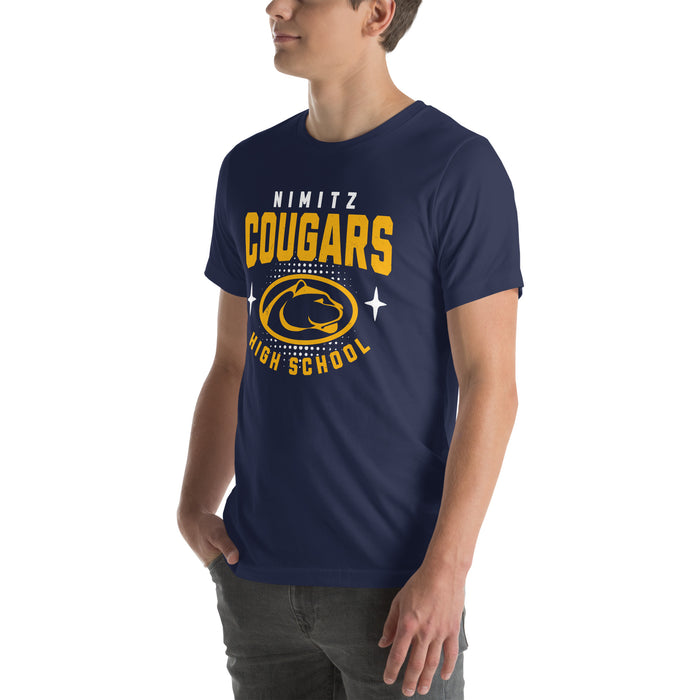 Man wearing Nimitz High School Cougars Navy Blue Premium Unisex T-shirt 204