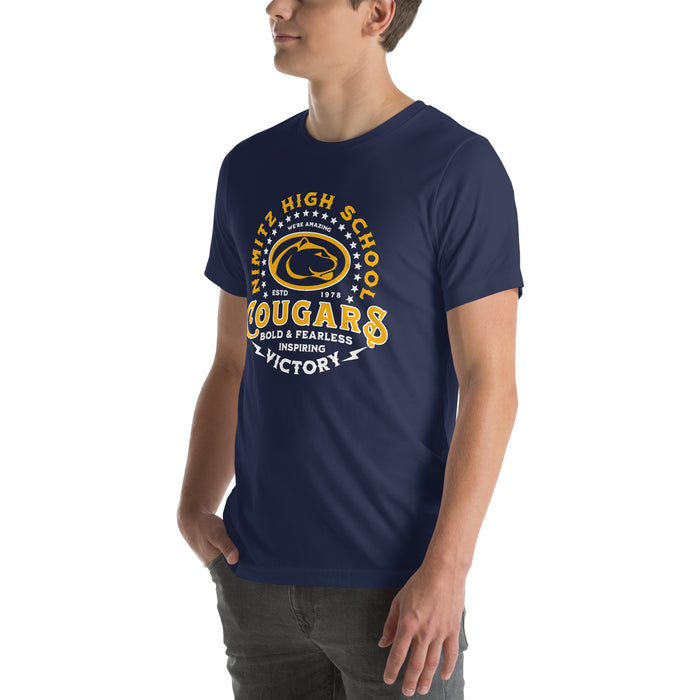 Man wearing Nimitz High School Cougars Navy Blue Premium Unisex T-shirt 206