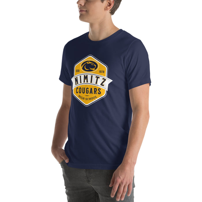 Man wearing Nimitz High School Cougars Navy Blue Premium Unisex T-shirt 209