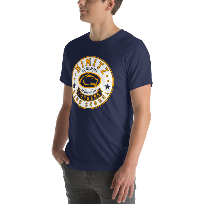 Man wearing Nimitz High School Cougars Navy Blue Premium Unisex T-shirt 215