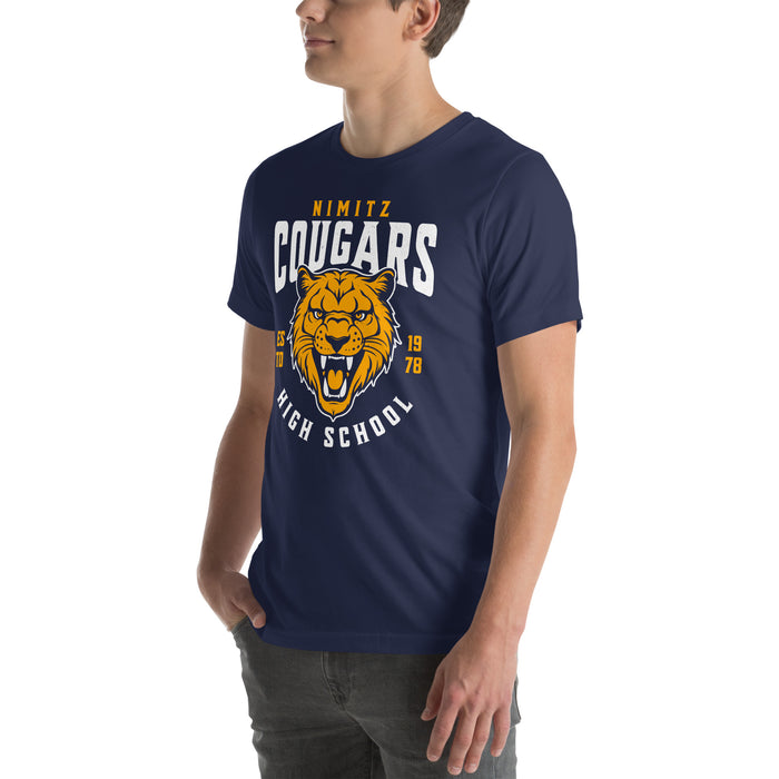 Man wearing Nimitz High School Cougars Navy Blue Premium Unisex T-shirt 213