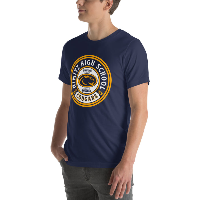 Man wearing Nimitz High School Cougars Navy Blue Premium Unisex T-shirt 220