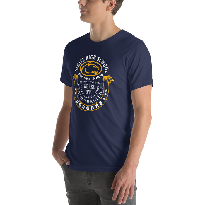 Man wearing Nimitz High School Cougars Navy Blue Premium Unisex T-shirt 229