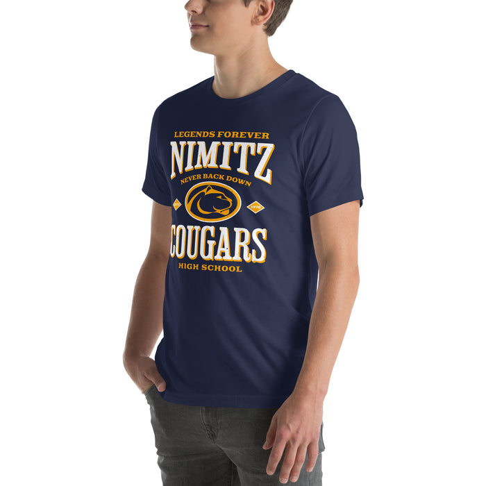 Man wearing Nimitz High School Cougars Navy Blue Premium Unisex T-shirt 230