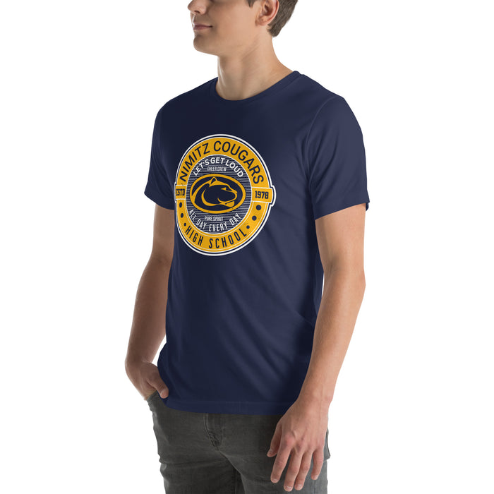 Man wearing Nimitz High School Cougars Navy Blue Premium Unisex T-shirt 224