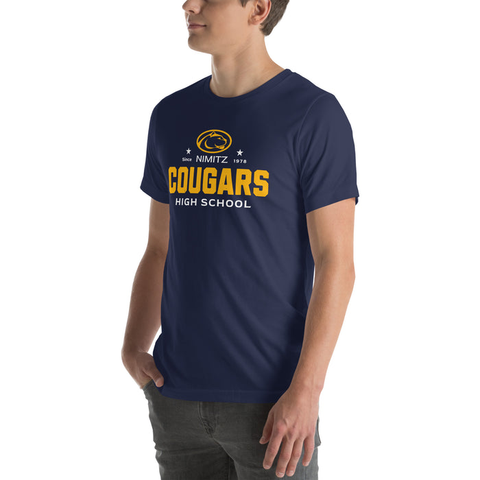 Man wearing Nimitz High School Cougars Navy Blue Premium Unisex T-shirt 222
