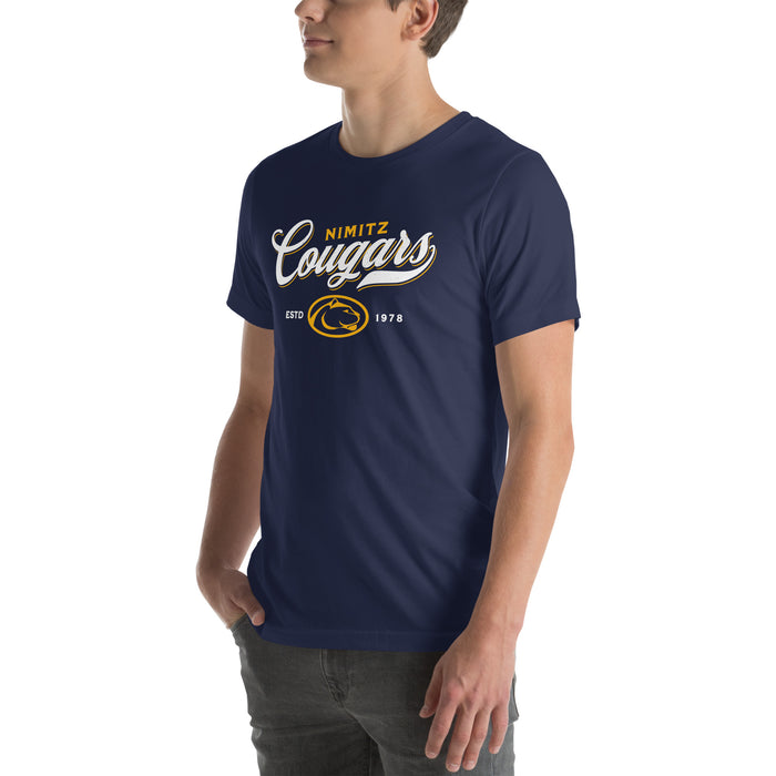 Man wearing Nimitz High School Cougars Navy Blue Premium Unisex T-shirt 226