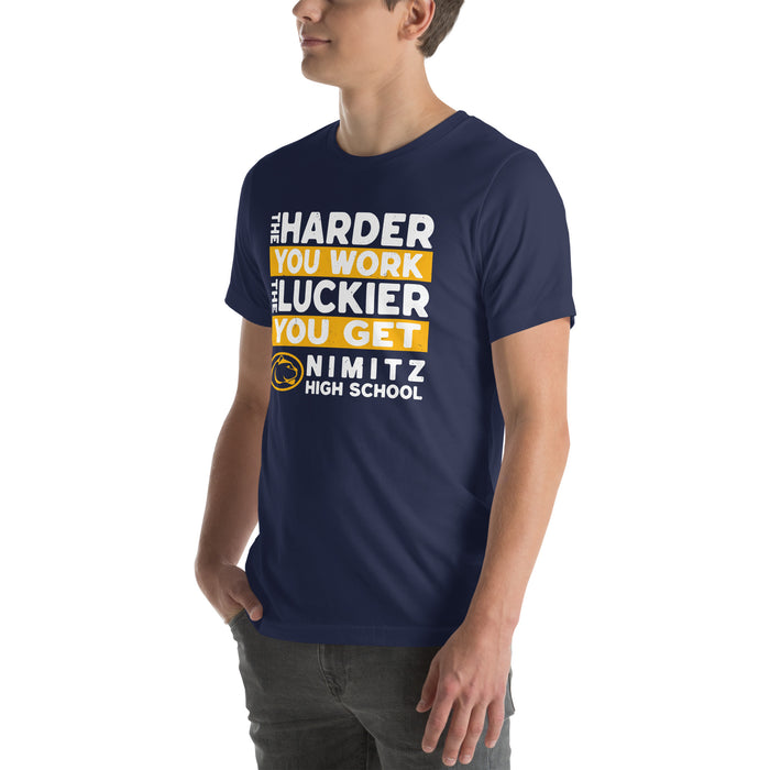 Man wearing Nimitz High School Cougars Navy Blue Premium Unisex T-shirt 238