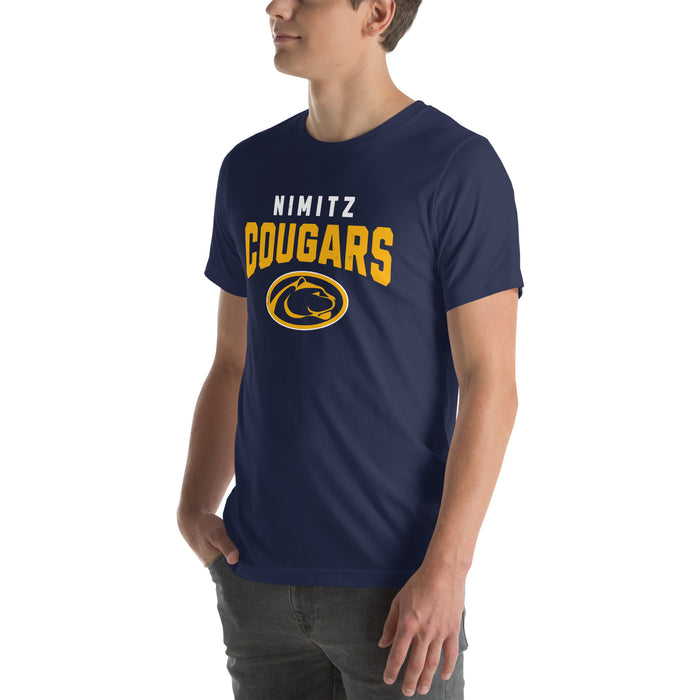 Man wearing Nimitz High School Cougars Navy Blue Premium Unisex T-shirt 234