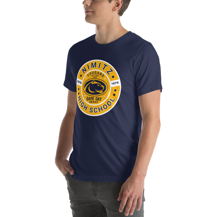 Man wearing Nimitz High School Cougars Navy Blue Premium Unisex T-shirt 239
