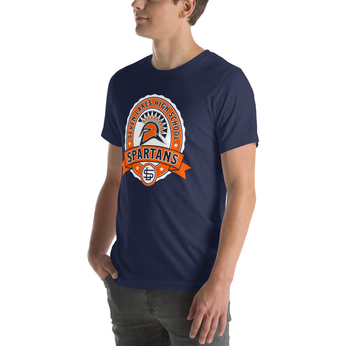 Man wearing Seven Lakes High School Spartans Navy Blue Premium Unisex T-shirt 212