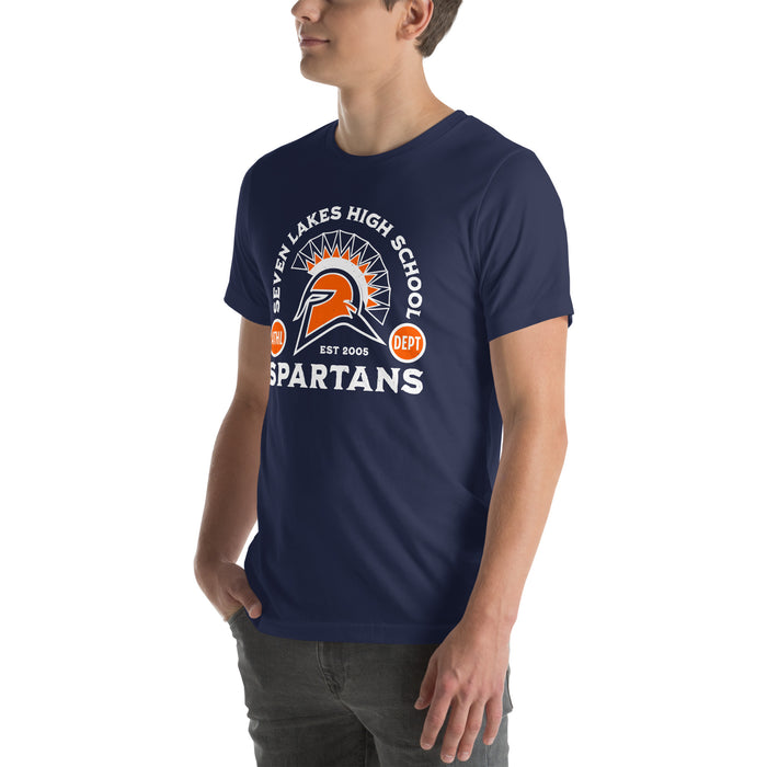 Man wearing Seven Lakes High School Spartans Navy Blue Premium Unisex T-shirt 208