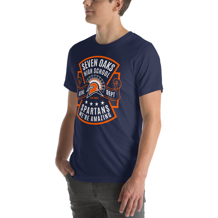 Man wearing Seven Lakes High School Spartans Navy Blue Premium Unisex T-shirt 207