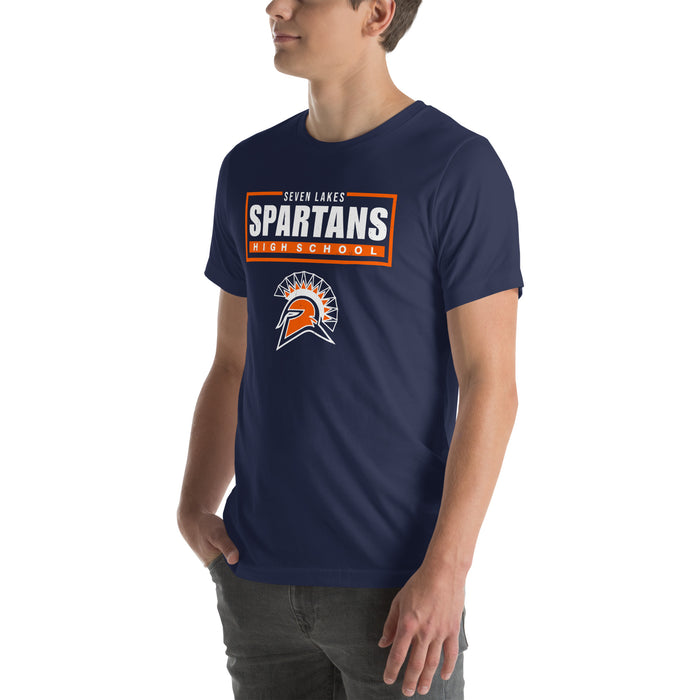 Man wearing Seven Lakes High School Spartans Navy Blue Premium Unisex T-shirt 049